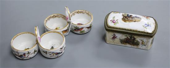 A pair of Meissen salts, decorated with insects together with a Continental trinket box